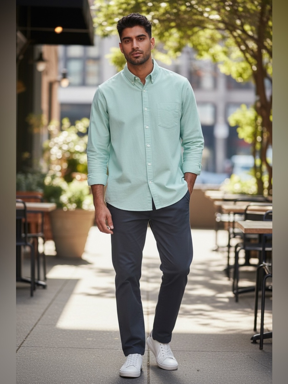 L.L.Bean light green button-down casual shirt Slightly fitted G03
